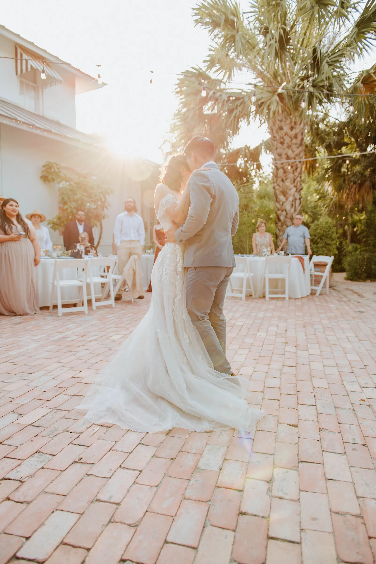 Bride walking outside in golden light